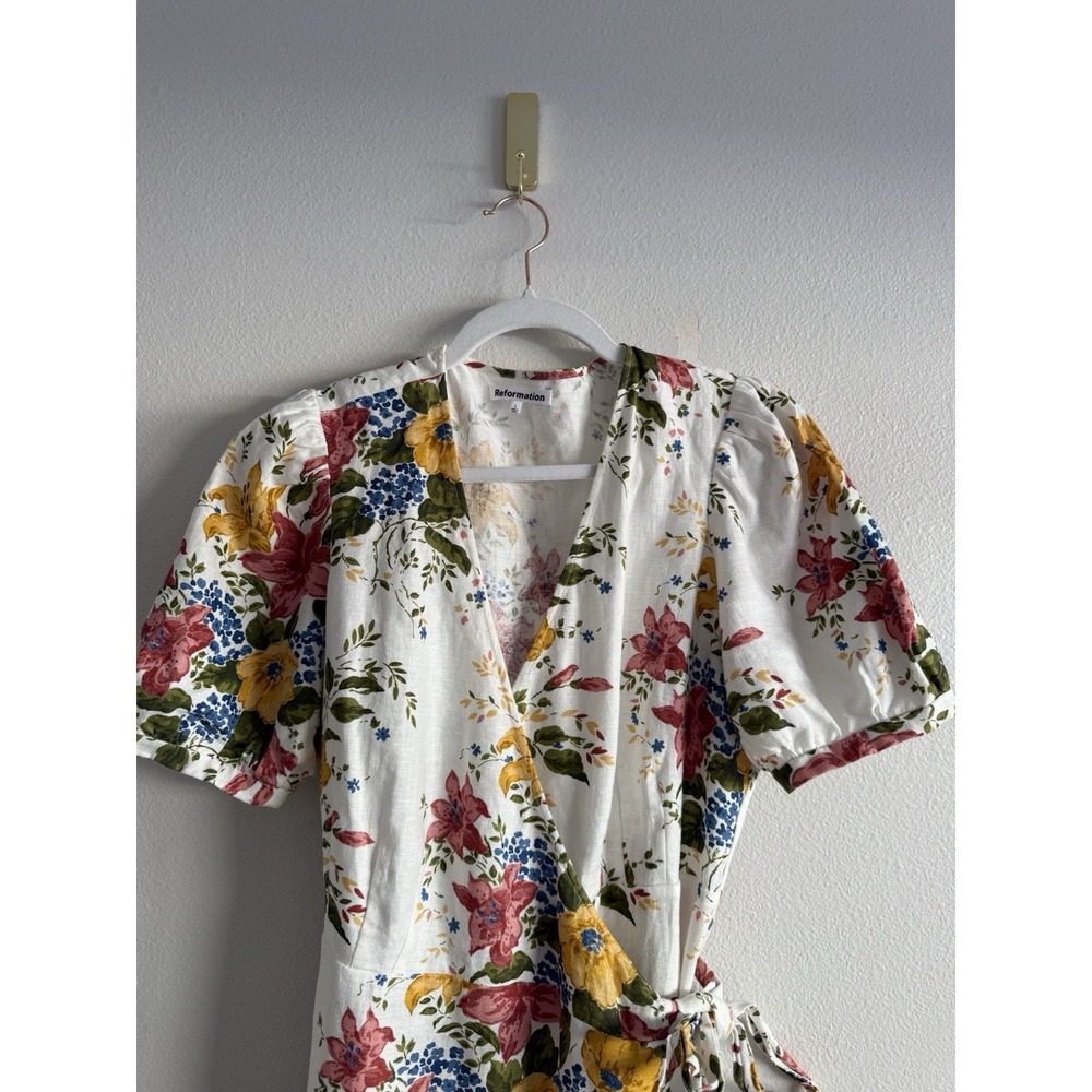 Reformation Weiss Linen Floral Wrap Dress in Chantilly Sz L NWOT - Picture 6 of 8